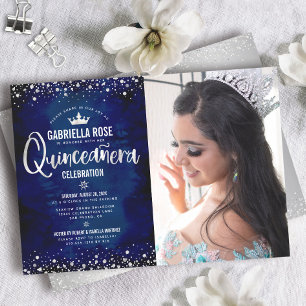 Convites Coroa de Script com Brilho Azul Marinho Prata Quin