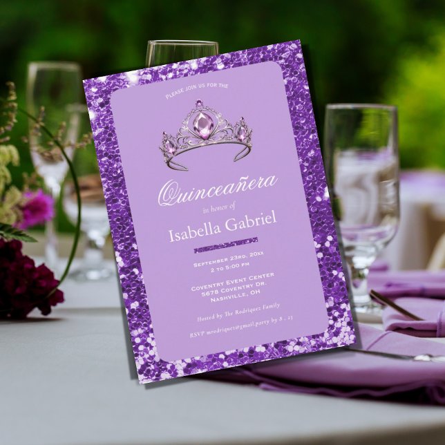 Convites Coroa de Tiara de Brilho Roxo Elegante Quinceañera (Criador carregado)