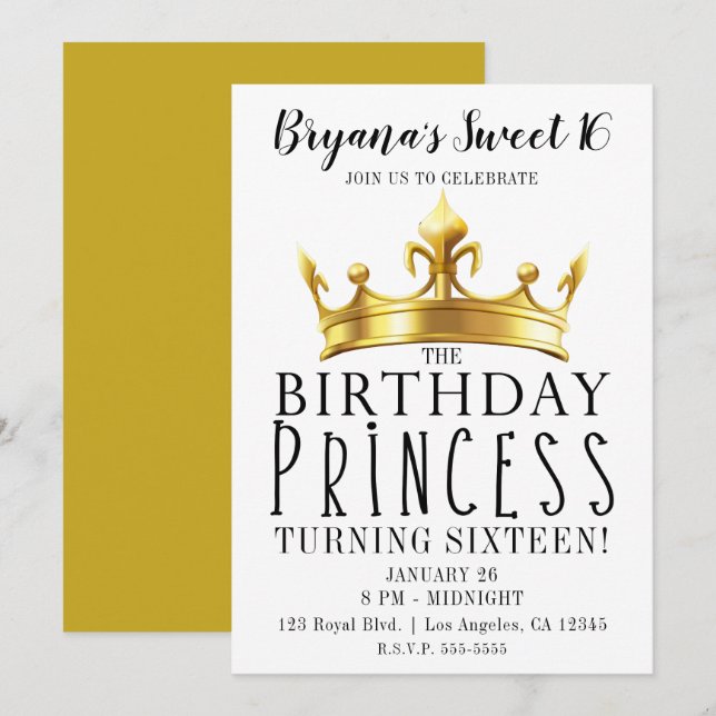 Convites Coroa de Tiara Dourada da Princesa de Aniversário  (Frente/Verso)