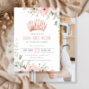Convites Coroa de Tiara Princesa Rosa Floral Foto Aniversár