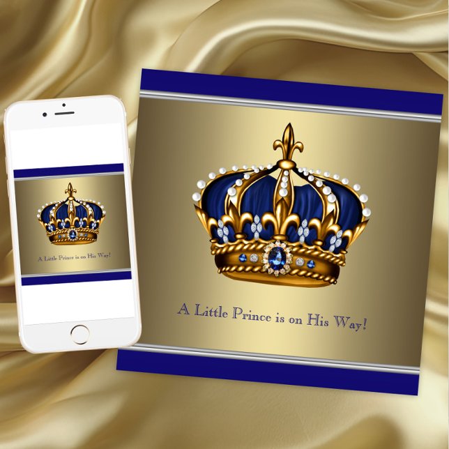 Convites Coroa Dourada Azul Pequeno Príncipe Menino Chuveir (Blue Gold Prince Baby Shower Invitation. Instant download and printed invitations available.)