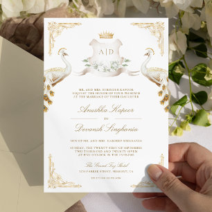 Convites Coroa Dourada Casamento Real Peacock Indiano Branc