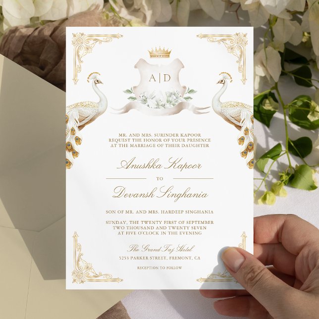 Convites Coroa Dourada Casamento Real Peacock Indiano Branc (Criador carregado)