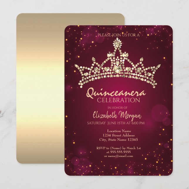 Convites Coroa Dourada Chic Burgundy Quinceañera (Frente/Verso)