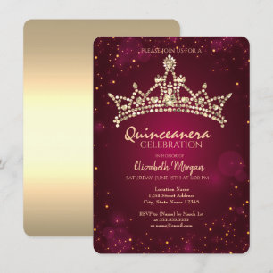 Convites Coroa Dourada Chic Burgundy Quinceañera