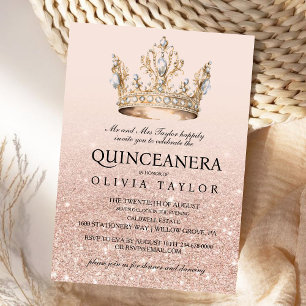 Convites Coroa Dourada cor rosa Quinceanera 15 Aniversário