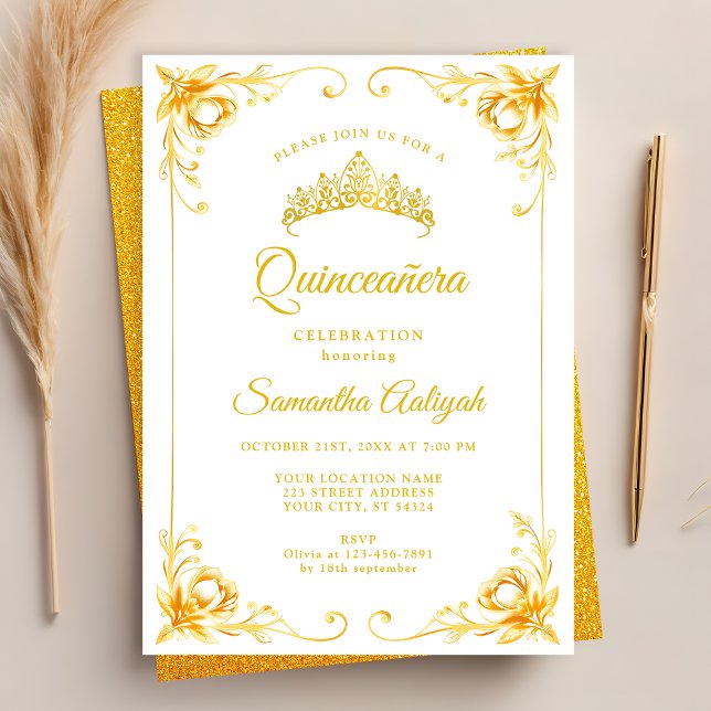 Convites Coroa Dourada de Luxo Branco e Dourado Quinceanera (Criador carregado)