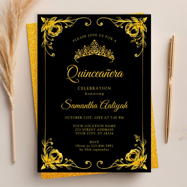 Convites Coroa Dourada de Luxo Preto e Dourado Quinceanera (Criador carregado)