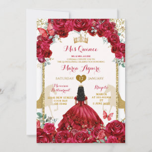 Convites Coroa Dourada Elegante Vermelha Floral Mis Quince 