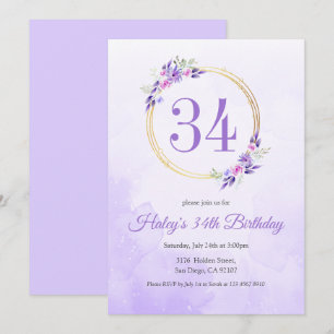 Convites Coroa Dourada Floral Roxo Pastel Aniversário de 34