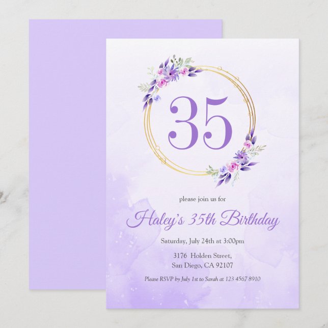 Convites Coroa Dourada Floral Roxo Pastel Aniversário de 35 (Frente/Verso)