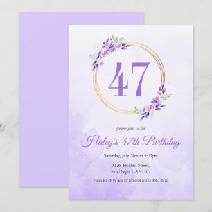 Convites Coroa Dourada Floral Roxo Pastel Aniversário de 47