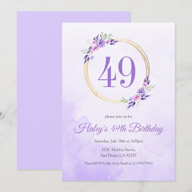 Convites Coroa Dourada Floral Roxo Pastel Aniversário de 49 (Frente/Verso)