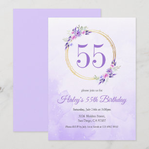 Convites Coroa Dourada Floral Roxo Pastel Aniversário de 55