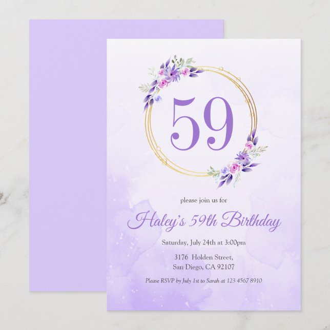Convites Coroa Dourada Floral Roxo Pastel Aniversário de 59 (Frente/Verso)