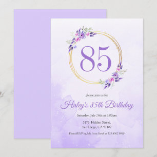 Convites Coroa Dourada Floral Roxo Pastel Aniversário de 85