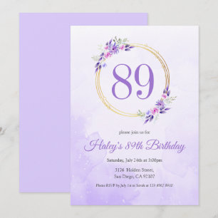 Convites Coroa Dourada Floral Roxo Pastel Aniversário de 89