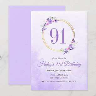 Convites Coroa Dourada Floral Roxo Pastel Aniversário de 91