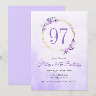 Convites Coroa Dourada Floral Roxo Pastel Aniversário de 97