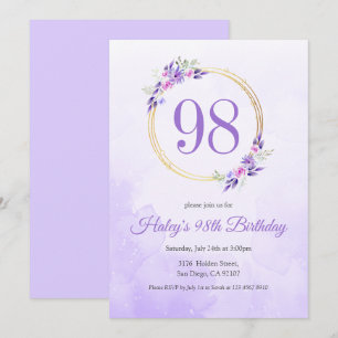Convites Coroa Dourada Floral Roxo Pastel Aniversário de 98