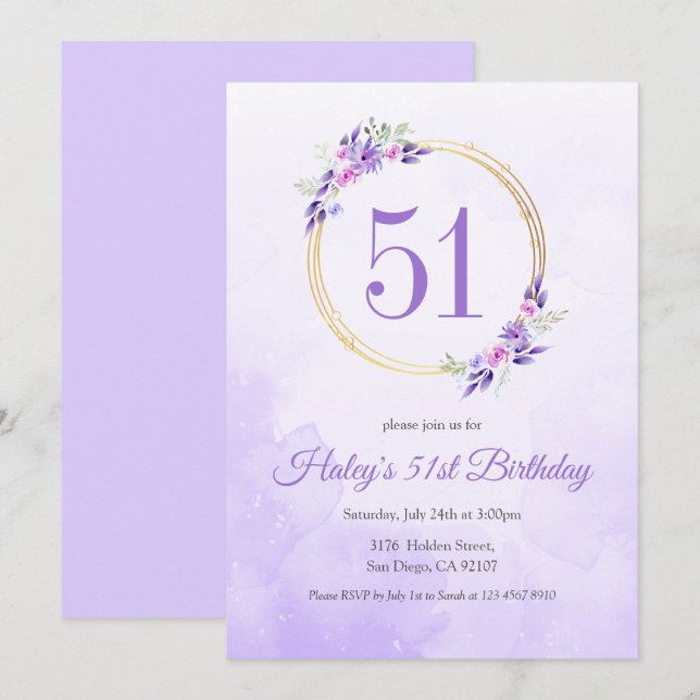Convites Coroa Dourada Floral Roxo Pastel de 51º Aniversári (Frente/Verso)