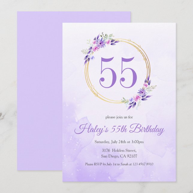 Convites Coroa Dourada Floral Roxo Pastel de 55 Anos de Ida (Frente/Verso)