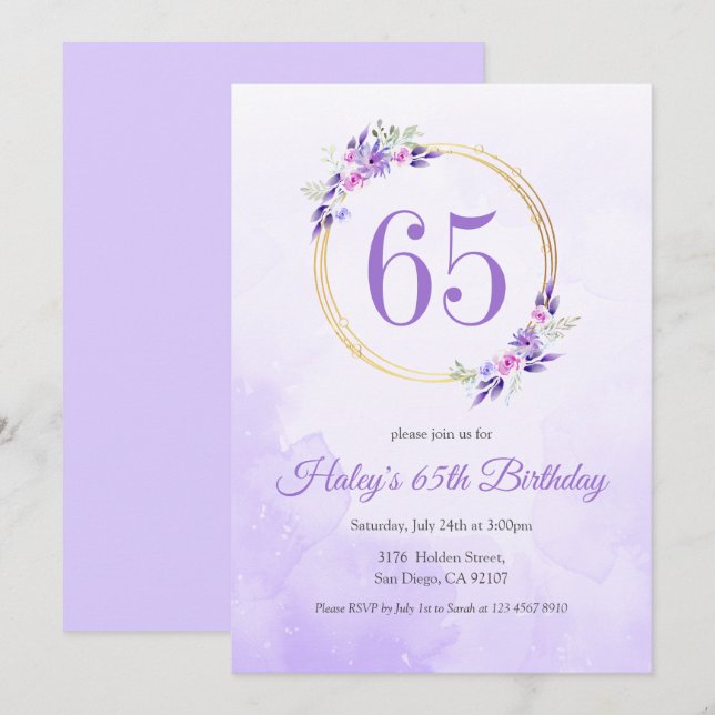 Convites Coroa Dourada Floral Roxo Pastel de 65 Anos (Frente/Verso)