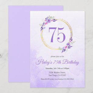 Convites Coroa Dourada Floral Roxo Pastel de 75 Anos de Nas