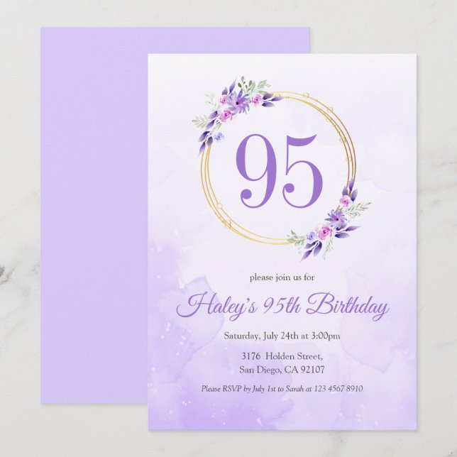 Convites Coroa Dourada Floral Roxo Pastel de 95º Aniversári (Frente/Verso)