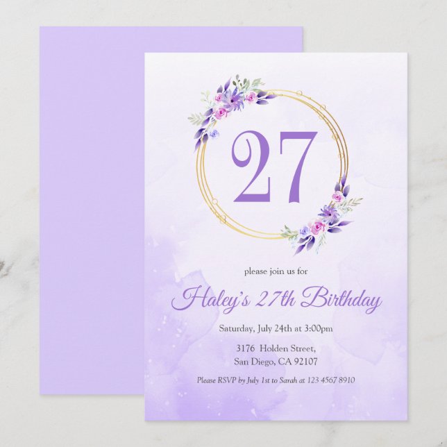 Convites Coroa Dourada Floral Roxo Pastel de Aniversário de (Frente/Verso)