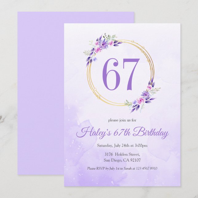 Convites Coroa Dourada Floral Roxo Pastel de Aniversário de (Frente/Verso)