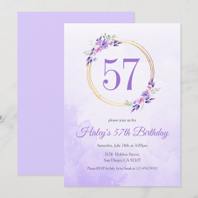 Convites Coroa Dourada Floral Roxo Pastel de Aniversário de (Frente/Verso)