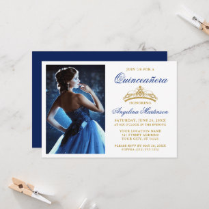 Convites Coroa Dourada Moderna e Elegante Azul Real Quincea