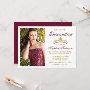 Convites Coroa Dourada Moderna e Elegante Burgundy Quincean