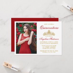 Convites Coroa Dourada Moderna e Elegante Foto Vermelha Qui