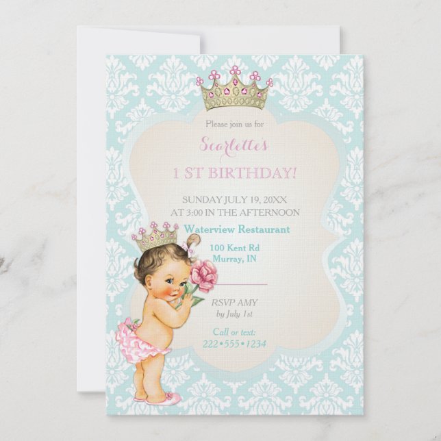 Convites Coroa Dourada Princesa Vintage Bebê Menina Aqua Ro (Frente)