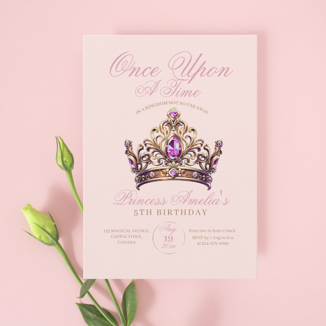 Convites Coroa Dourada rosa Princesa 5 Aniversário (Criador carregado)