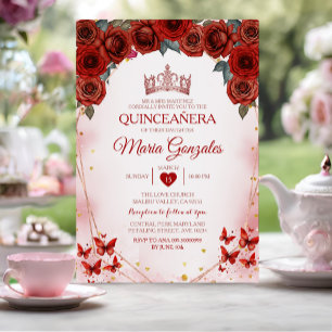 Convites Coroa Dourada rosa vermelha do Rosa Quinceañera