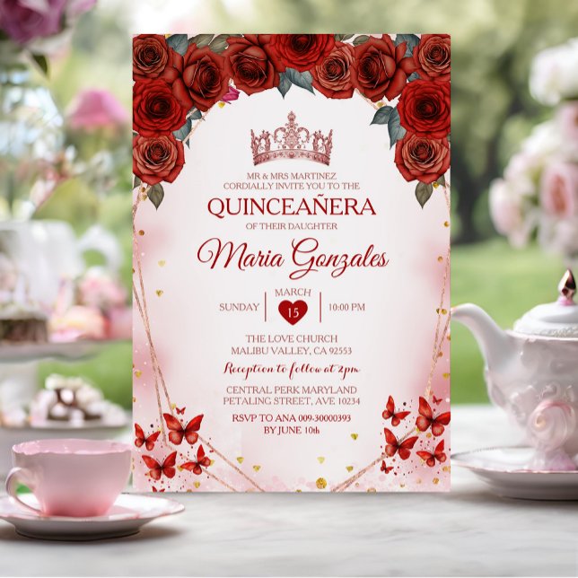 Convites Coroa Dourada rosa vermelha do Rosa Quinceañera (Criador carregado)