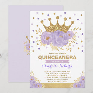 Convites Coroa Dourada Roxa Confetti Quinceañera