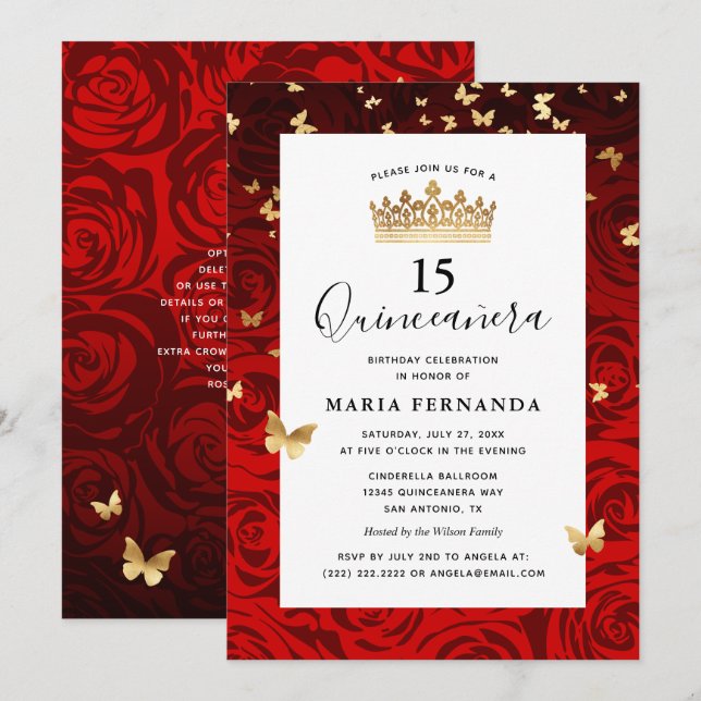 Convites Coroa Dourada Vermelha Elegante Quinceanera (Frente/Verso)