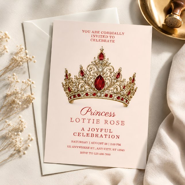 Convites Coroa Dourada Vermelha Real Princesa 5º Aniversári (Criador carregado)