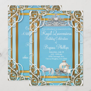 Convites Coroa e Carruagem Princesa Azul Dourada Quinceañer