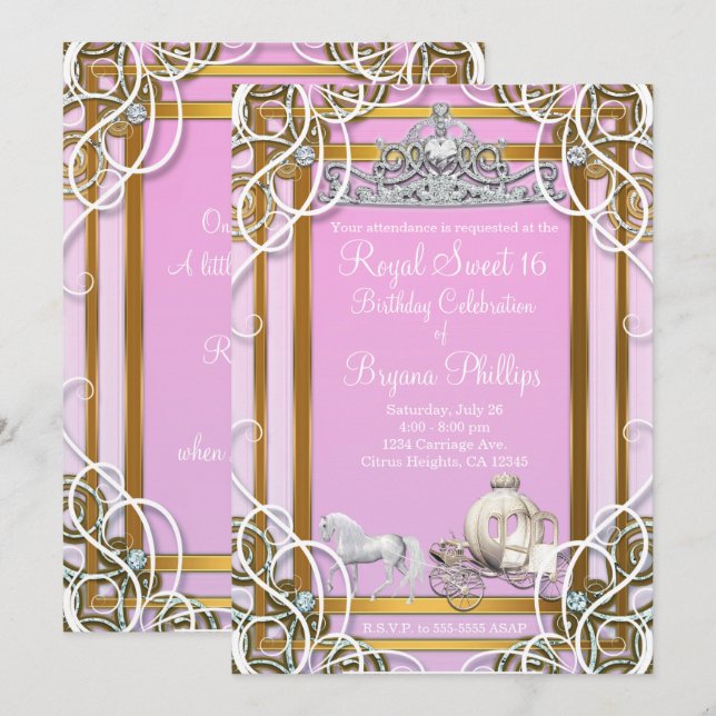 Convites Coroa e Carruagem Princesa Dourado Rosa Festa Swee (Frente/Verso)