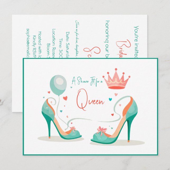 Convites Coroa e saltos altos - Tema rosa e mint brilhante (Frente/Verso)