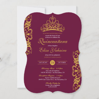 Convites Coroa Elegante Dourada da Burgundia Real Quinceañe