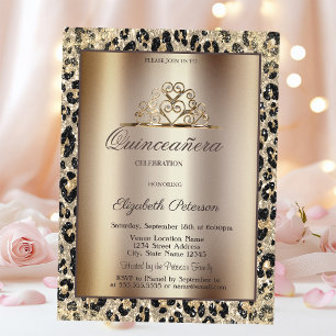 Convites Coroa Elegante Estampa de Leopardo Doce Quinceañer