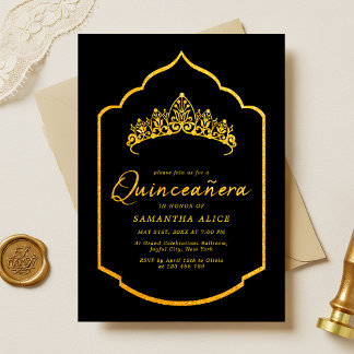 Convites Coroa Elegante Preto e Dourado Quinceanera
