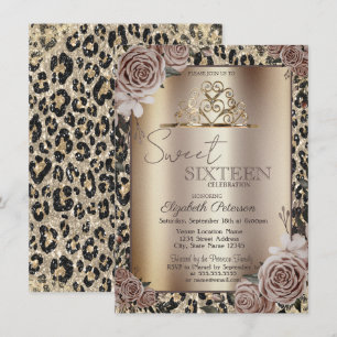 Convites Coroa Elegante Rosas Estampa de Leopardo Sweet 16