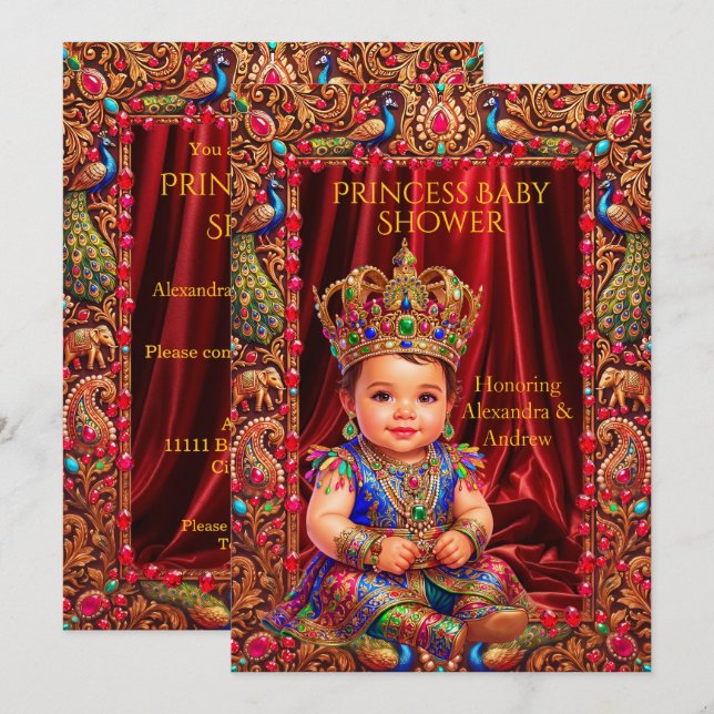 Convites Coroa Exótica Princesa Chuvada de Bebê Dourado Mul (Frente/Verso)